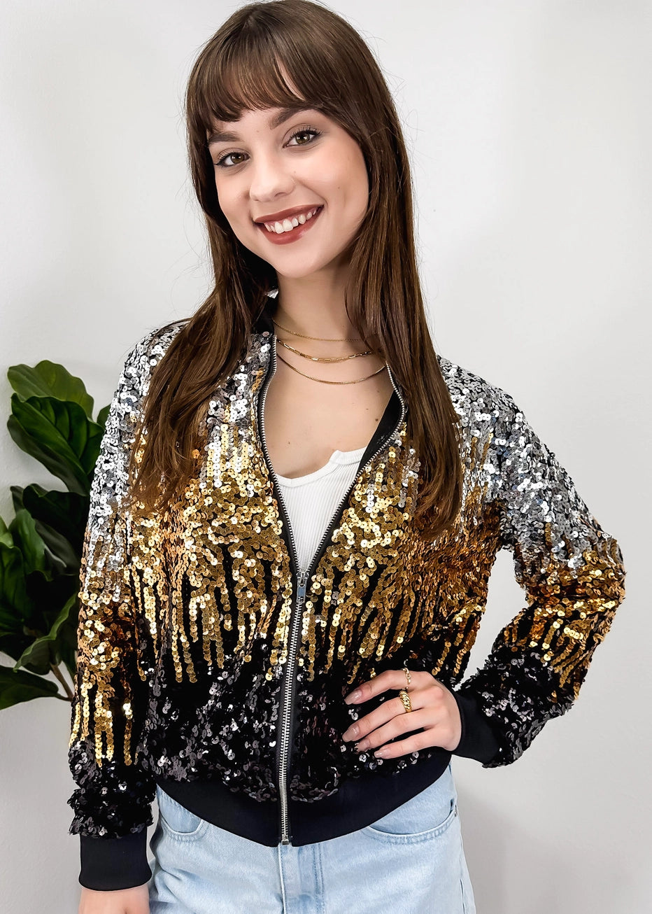 Sequin Bomber Zip-Up Jacket
