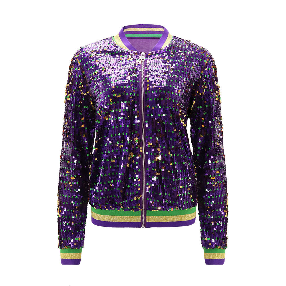 Cropped Color-Blocked Sequined Baseball Jacket