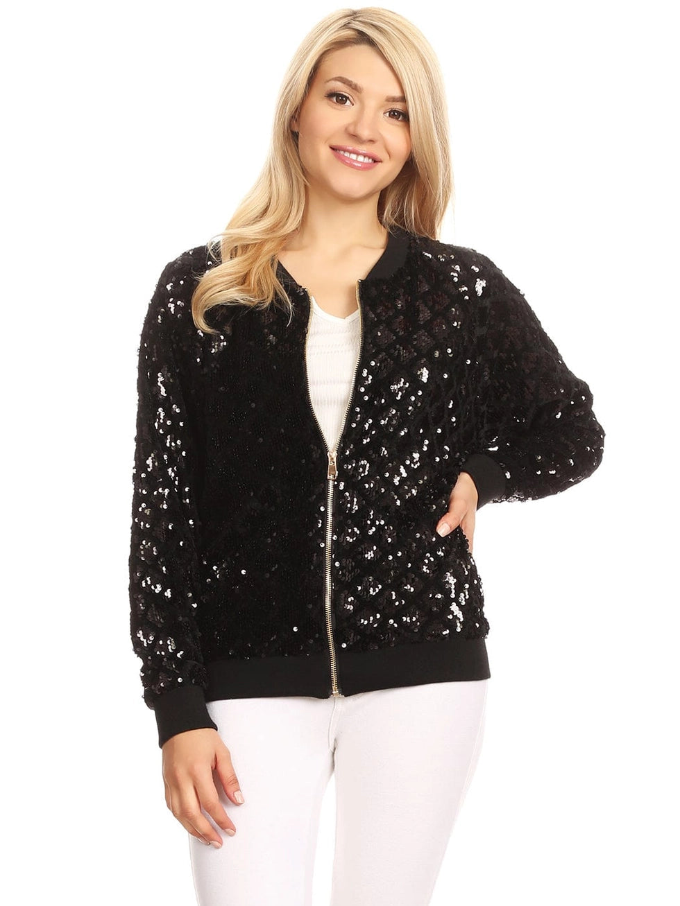 Sequin Bomber Zip-Up Jacket