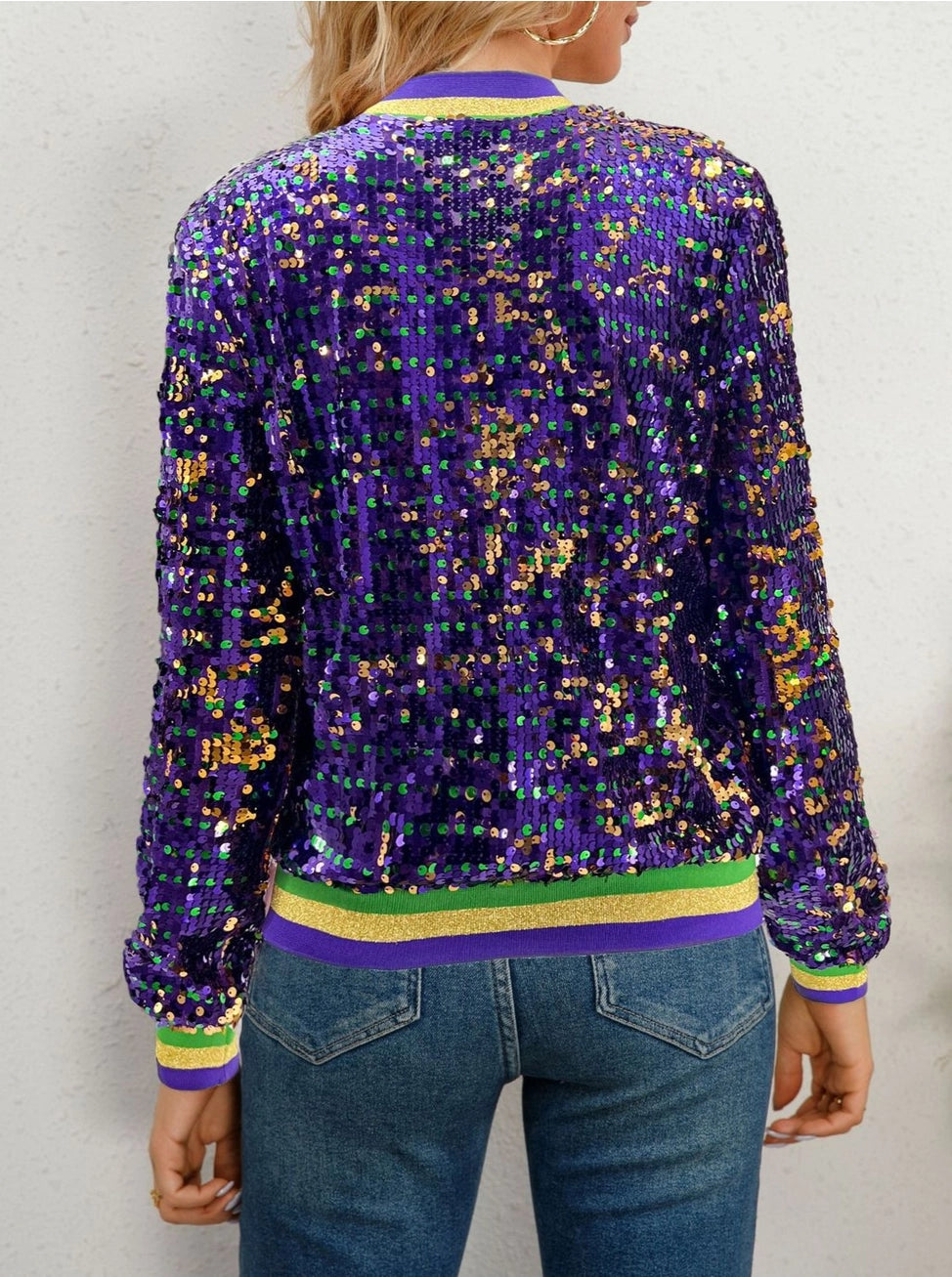 Cropped Color-Blocked Sequined Baseball Jacket