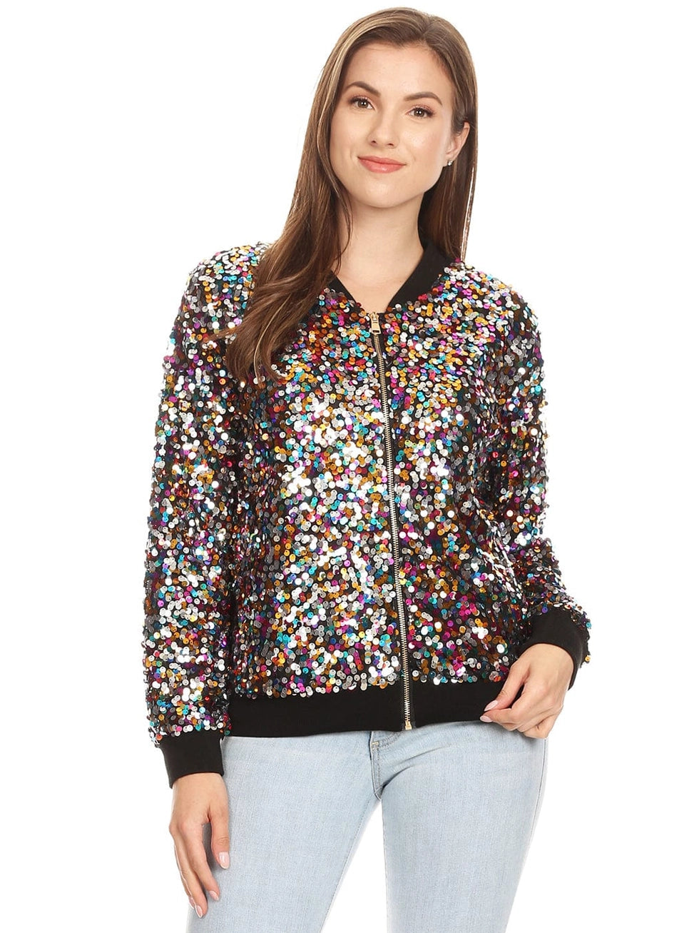 Sequin Bomber Zip-Up Jacket