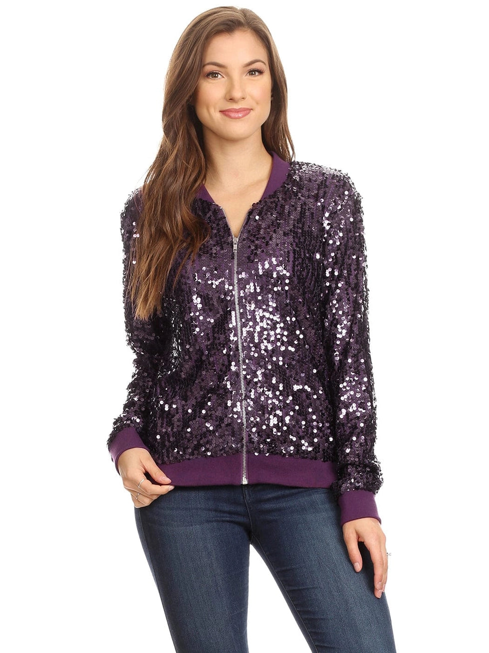 Sequin Bomber Zip-Up Jacket