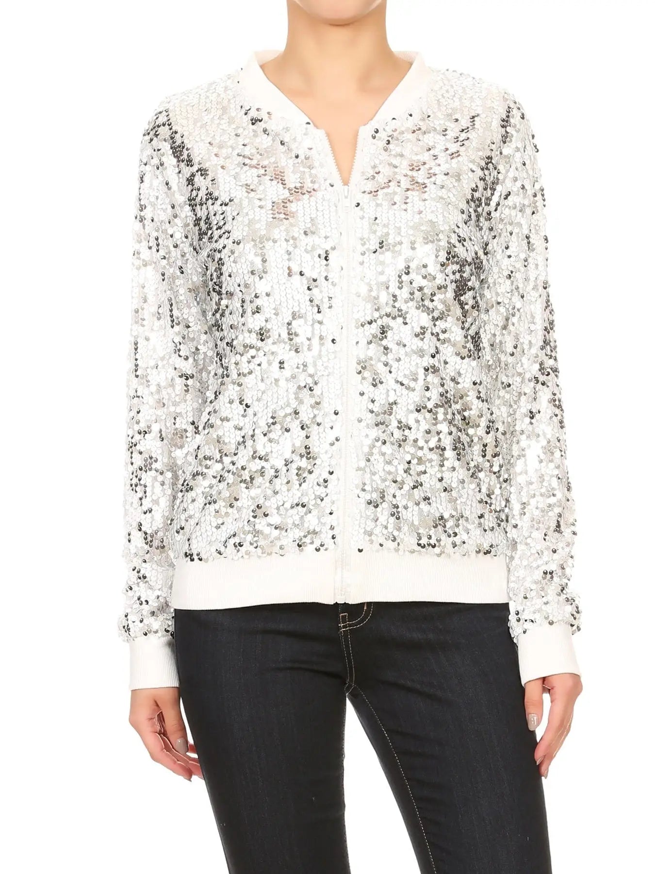 Sequin Bomber Zip-Up Jacket