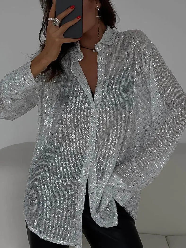 Sequin Button-Up Long-Sleeve Shirt