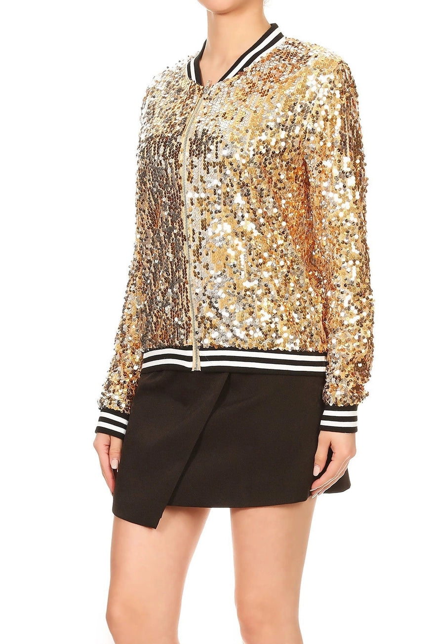 Sequin Bomber Zip-Up Jacket