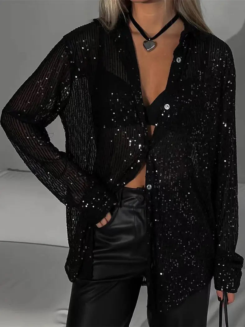 Sequin Button-Up Long-Sleeve Shirt